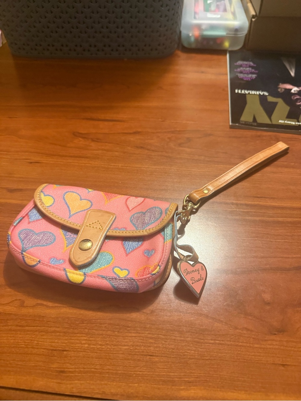 Dooney & Bourke Pink Hearts Wristlet with Tan Trim